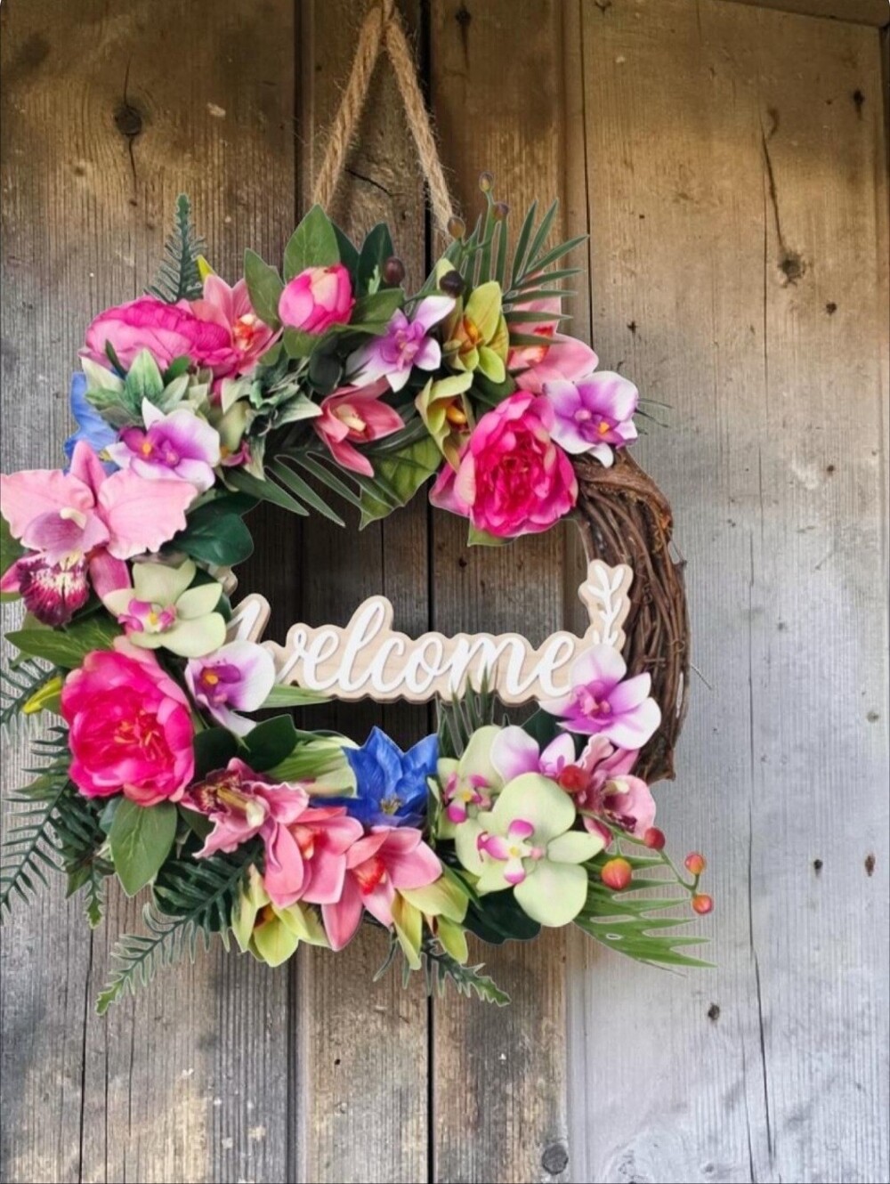 Welcome Floral Grapevine Wreath - Pink & Green